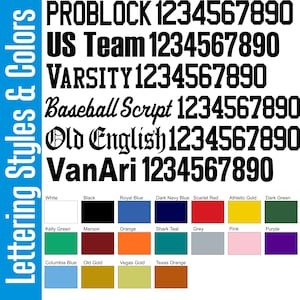 View and browse most popular lettering styles and colors. 18 popular team colors and 6 of the most popular fonts