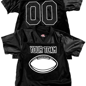 Black football jersey printed with team name and football artwork or your own logo on the front and player name and number on back. Your choice of 18 colors, outlined in black or white