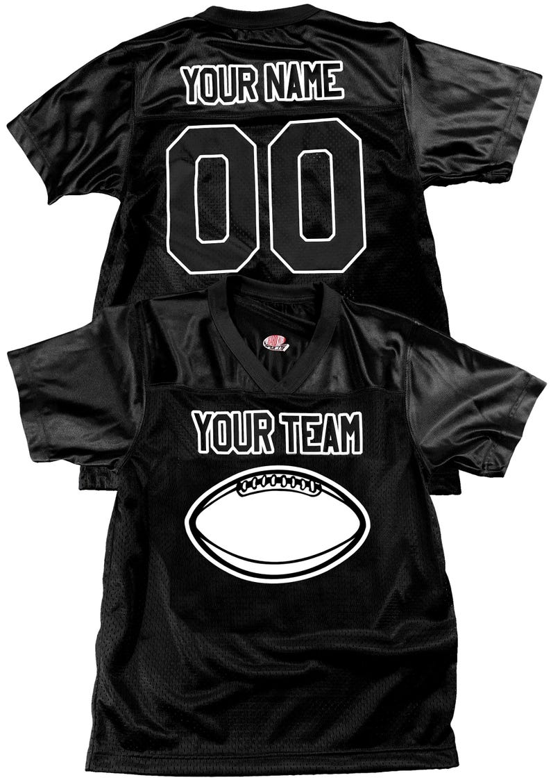 Black football jersey printed with team name and football artwork or your own logo on the front and player name and number on back. Your choice of 18 colors, outlined in black or white
