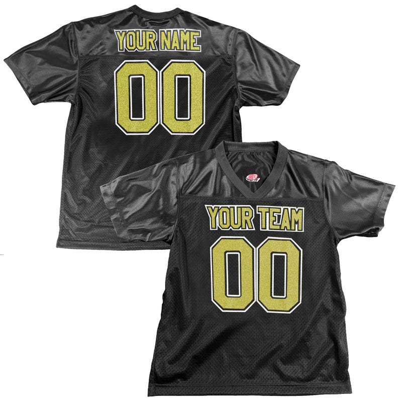 Camiseta de fútbol negra personalizada, opciones personalizadas, nombres, números, 1 o 2 colores, logotipo y números en las mangas. Glitter Gold w/White