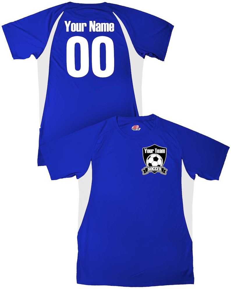 May include: A royal blue soccer jersey with white accents. The back of the jersey has "Your Name" and "00" printed in white. The front of the jersey has a black and white soccer logo with "Your Team" and "Soccer" printed in white.