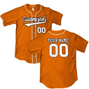 Wedge 2 color print Orange Full Button Baseball Jersey with white piping. Your team Personalized as a professional looking full button down baseball jersey. Printed with team name, player name and numbers