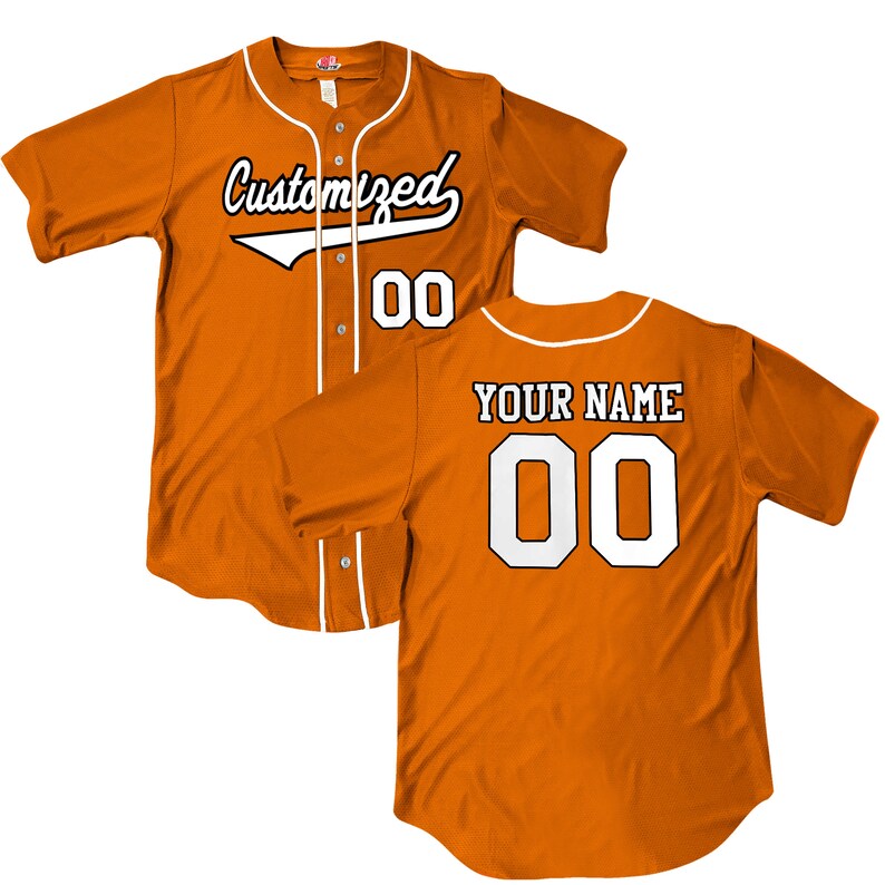 Wedge 2 color print Orange Full Button Baseball Jersey with white piping. Your team Personalized as a professional looking full button down baseball jersey. Printed with team name, player name and numbers