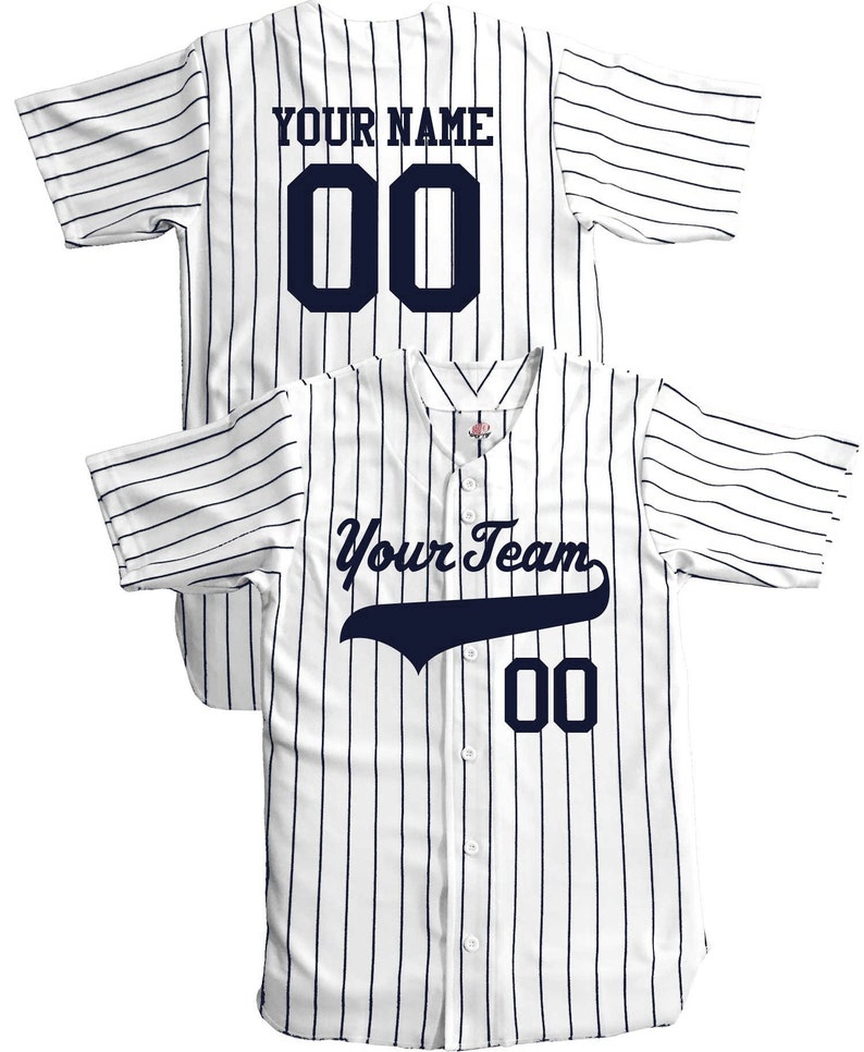 Custom Pinstriped Baseball Jersey Full Button Down, White with VERY DARK Navy Blue Pinstripes Personalized Jersey with Team, Player, Number afbeelding 1