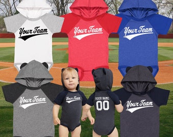 Custom baseball infant hooded bodysuit, fun adorable ears, classic color block, set in sleeves, personalized with your names and numbers