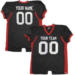 May include: Black football jersey with red trim and white lettering. The jersey features the text "YOUR NAME" and the number "00" on the back. The front of the jersey has the text "YOUR TEAM" and the number "00".