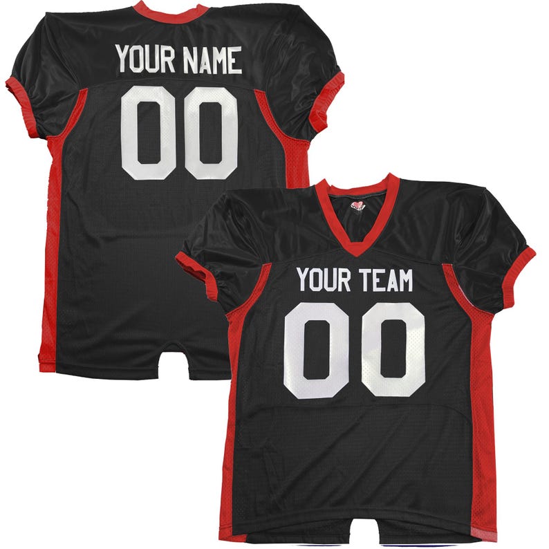 May include: Black football jersey with red trim and white lettering. The jersey features the text "YOUR NAME" and the number "00" on the back. The front of the jersey has the text "YOUR TEAM" and the number "00".