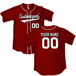 Wedge 2 color print Maroon 6 Button Baseball Jersey with white piping. Your team Customized as a professional looking full button down baseball jersey. Printed with team name, player name and numbers
