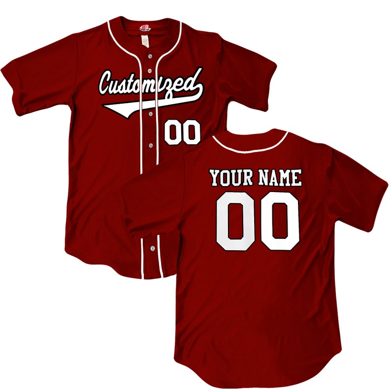Wedge 2 color print Maroon 6 Button Baseball Jersey with white piping. Your team Customized as a professional looking full button down baseball jersey. Printed with team name, player name and numbers