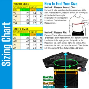 May include: A chart with instructions on how to measure for a t-shirt. The chart shows youth and men's sizes with measurements in inches for chest, width, and length. The chart also includes a diagram of a t-shirt with a tape measure showing how to measure around the chest and flat.