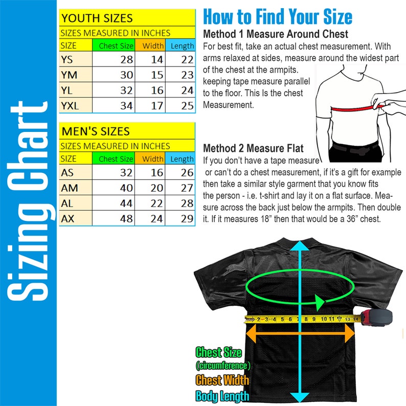 May include: A chart with instructions on how to measure for a t-shirt. The chart shows youth and men's sizes with measurements in inches for chest, width, and length. The chart also includes a diagram of a t-shirt with a tape measure showing how to measure around the chest and flat.