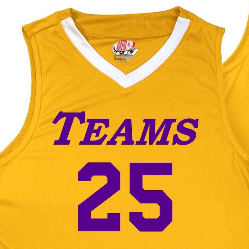 gold and white basketball jersey with purple heat applied vinyl lettering, economical front print only