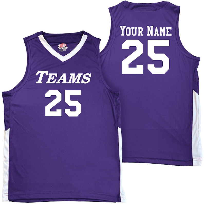 purple and white basketball jersey with white heat applied vinyl lettering