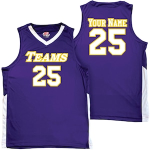 purple and white basketball jersey with white and gold heat applied vinyl lettering