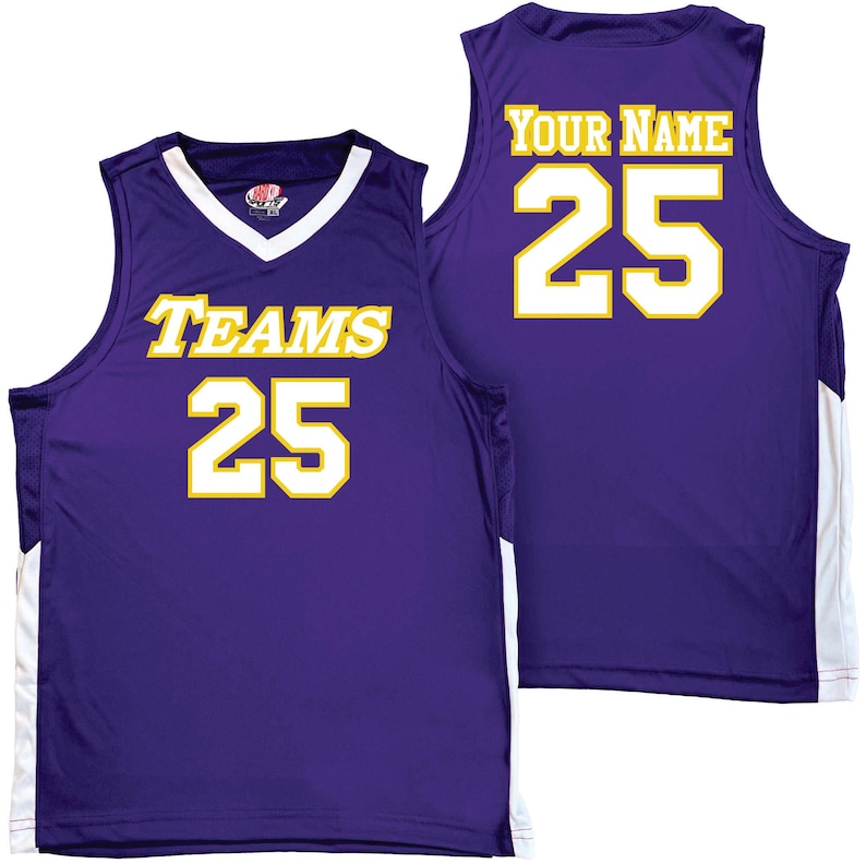 purple and white basketball jersey with white and gold heat applied vinyl lettering