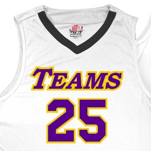 white and black basketball jersey with purple heat applied vinyl lettering outlined in athletic gold with cost effective front print only