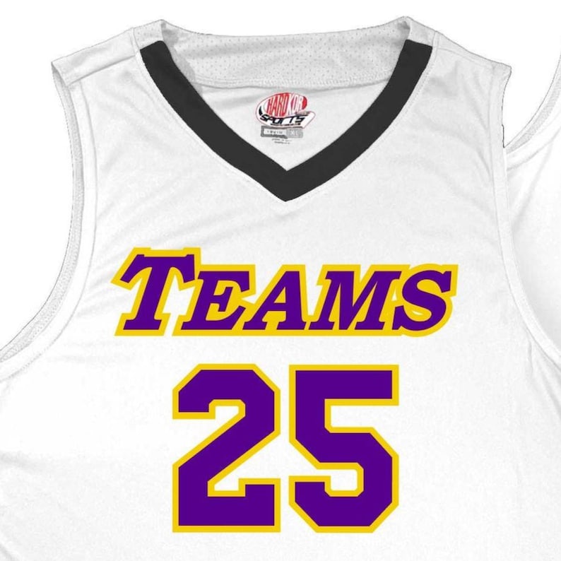 white and black basketball jersey with purple heat applied vinyl lettering outlined in athletic gold with cost effective front print only