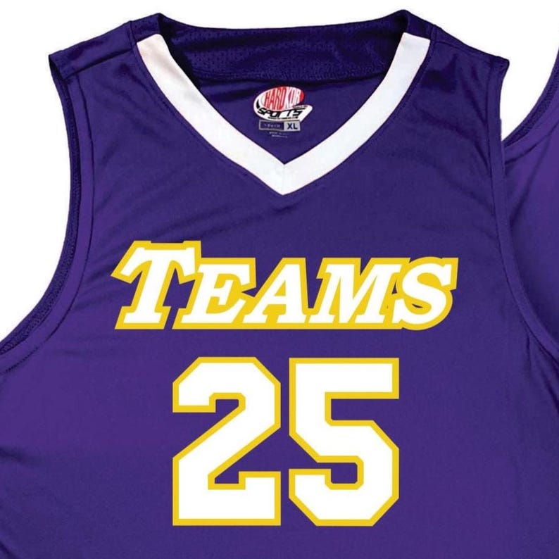 purple and white basketball jersey with white and gold heat applied vinyl lettering front print only