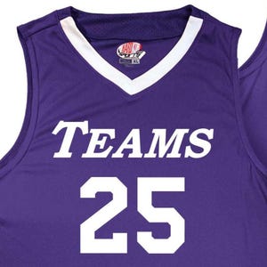 purple and white basketball jersey with white heat applied vinyl lettering economical front print only