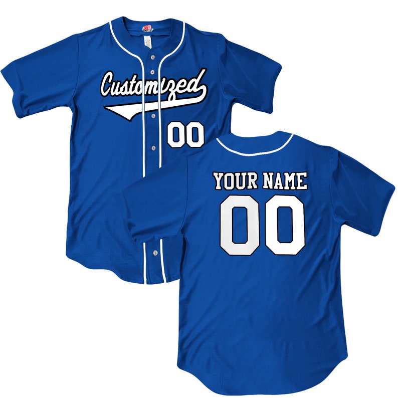 Wedge 2 color print Royal Blue Professional Baseball Jersey with white braid. Your team Customized as a professional looking full button down baseball jersey. Printed with team name, player name and numbers