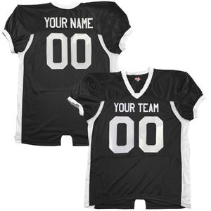 May include: Black football jersey with white trim. The back displays "YOUR NAME" and the number "00". The front features "YOUR TEAM" and the number "00".