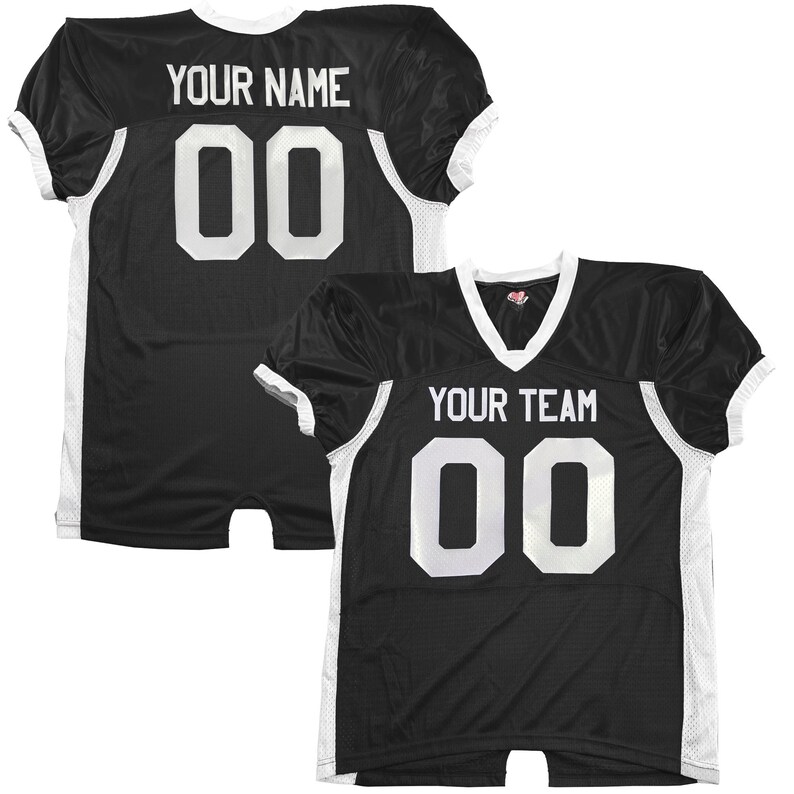May include: Black football jersey with white trim. The back displays "YOUR NAME" and the number "00". The front features "YOUR TEAM" and the number "00".