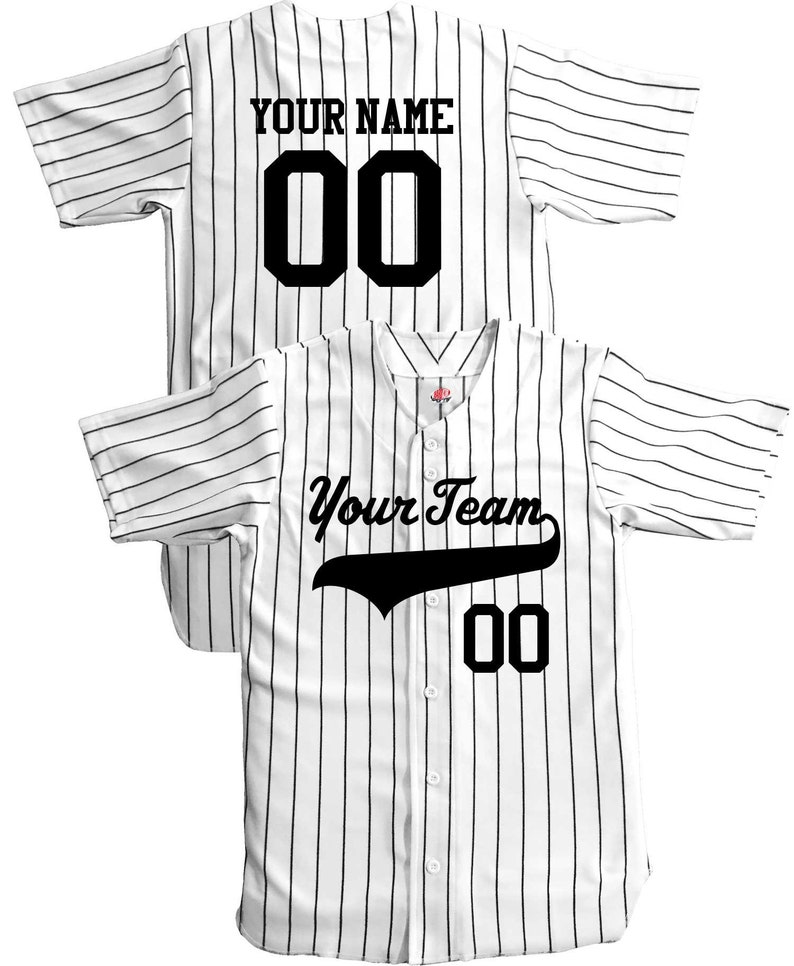 Custom Pinstriped Baseball Jersey Full Button Down, White with Black Pinstripes Personalized Jersey with your Team, Player, Numbers image 1