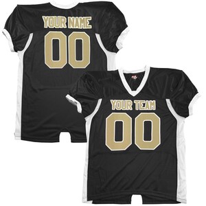 May include: Two black football jerseys with white and gold detailing. One jersey has "YOUR NAME" and the number "00" in gold. The other jersey shows "YOUR TEAM" and the number "00" in gold. Both jerseys have a V-neck design.