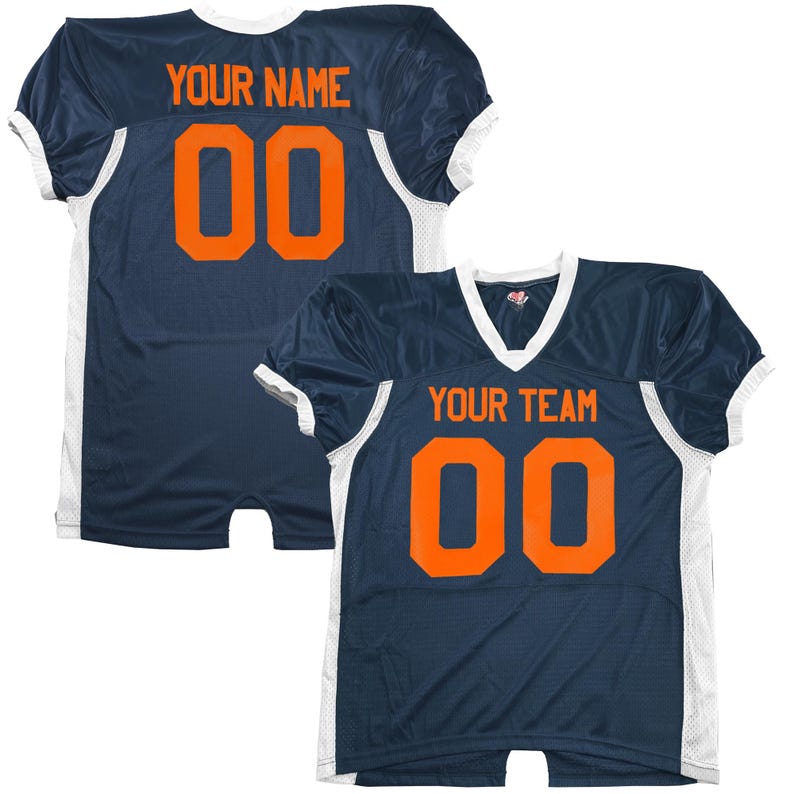May include: Navy blue American football jersey with white trim and orange lettering and numbers. The jersey features the text "YOUR NAME" and the number "00" on the back. The front displays "YOUR TEAM" and the number "00".