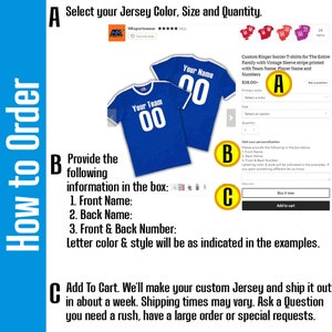 May include: Blue soccer jerseys with white trim and the text "Your Team" and "Your Name" with the number "00". The image also includes instructions on how to order, including selecting color, size, and quantity.