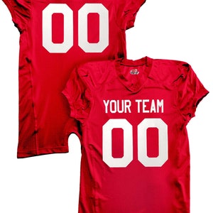 May include: Red football jersey with white numbers and text. The back of the jersey says "YOUR NAME" and "00". The front of the jersey says "YOUR TEAM" and "00".
