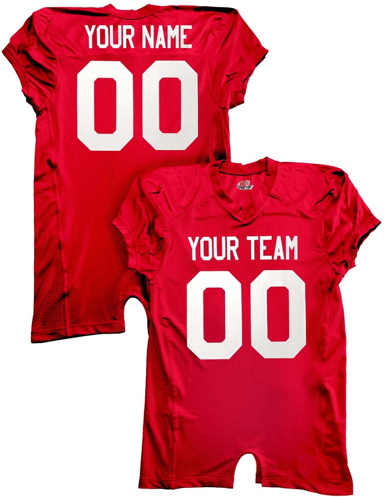 May include: Red football jersey with white numbers and text. The back of the jersey says "YOUR NAME" and "00". The front of the jersey says "YOUR TEAM" and "00".