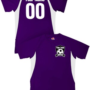 May include: Purple soccer jersey with white accents. The back of the jersey has a white number "00" and the text "Your Name". The front of the jersey has a white soccer ball and shield with the text "Your Team Soccer".