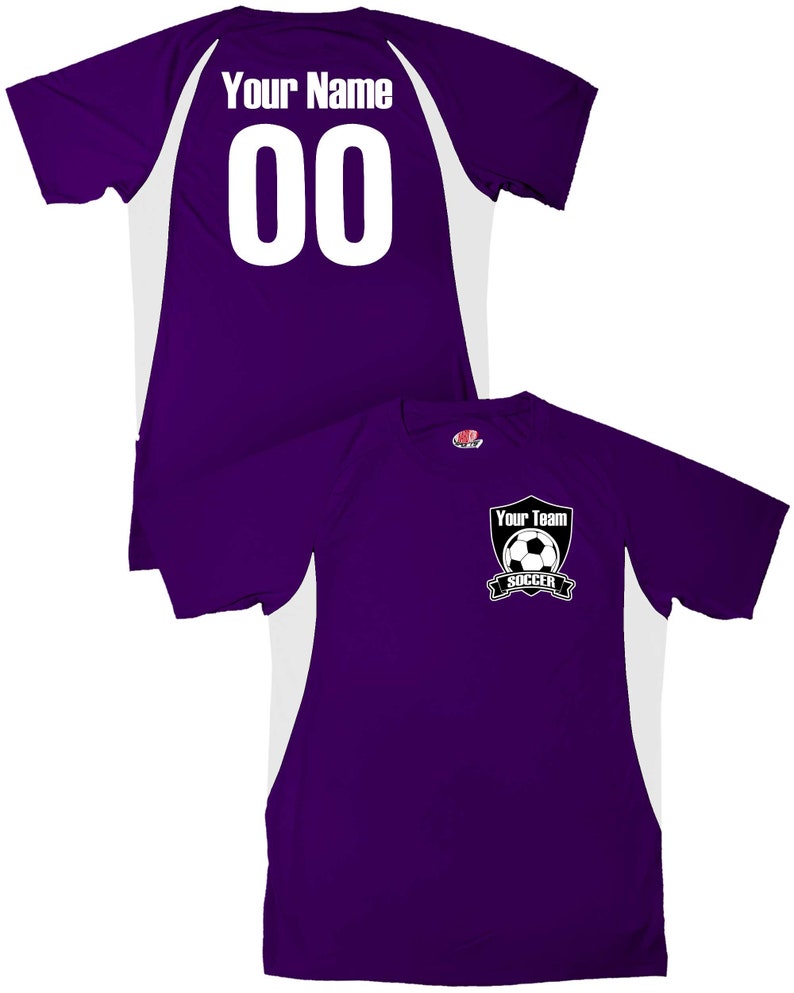 May include: Purple soccer jersey with white accents. The back of the jersey has a white number "00" and the text "Your Name". The front of the jersey has a white soccer ball and shield with the text "Your Team Soccer".
