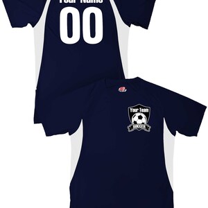 May include: Navy blue soccer jersey with white accents. The back of the jersey has a white number "00" and the text "Your Name". The front of the jersey has a white soccer ball and shield with the text "Your Team Soccer".