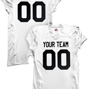 May include: White football jersey with black numbers and text. The back of the jersey says "YOUR NAME" and "00". The front of the jersey says "YOUR TEAM" and "00".