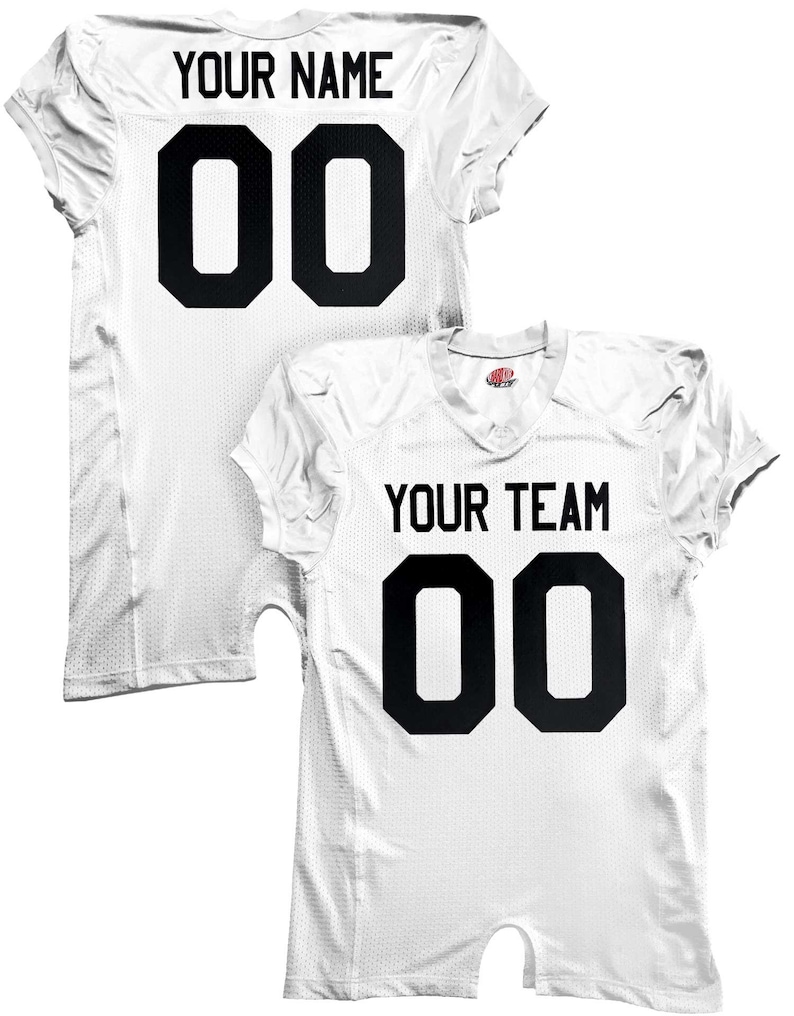 May include: White football jersey with black numbers and text. The back of the jersey says "YOUR NAME" and "00". The front of the jersey says "YOUR TEAM" and "00".