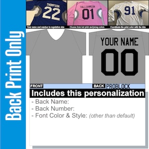 May include: A gray football jersey with a black outline around the numbers and name. The back of the jersey has the text "YOUR NAME" and the number "00". The text "PROBLOCK" is printed below the number. The jersey is shown with a front and back view.