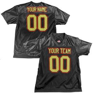 Camiseta de fútbol negra personalizada, opciones personalizadas, nombres, números, 1 o 2 colores, logotipo y números en las mangas. Glitter Gold/Red