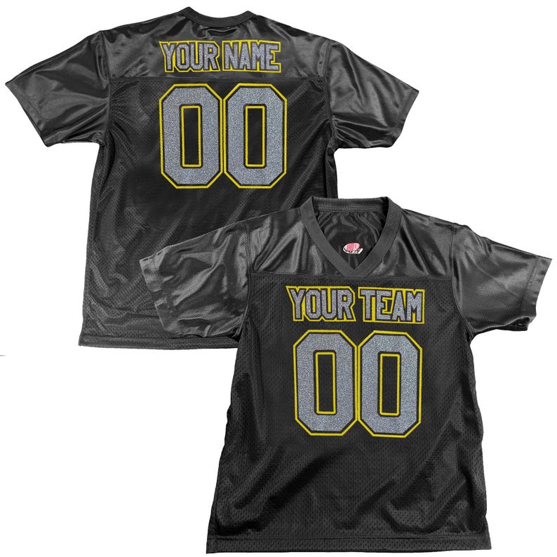 Camiseta de fútbol negra personalizada, opciones personalizadas, nombres, números, 1 o 2 colores, logotipo y números en las mangas. Glitter Silver/Gold