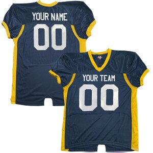 May include: Navy blue football jersey with yellow trim. The front displays "YOUR TEAM" and "00", while the back shows "YOUR NAME" and "00". A classic design for team sports.