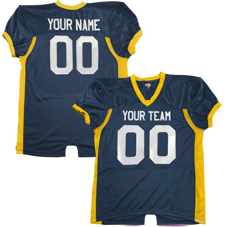 May include: Navy blue football jersey with yellow trim. The front displays "YOUR TEAM" and "00", while the back shows "YOUR NAME" and "00". A classic design for team sports.