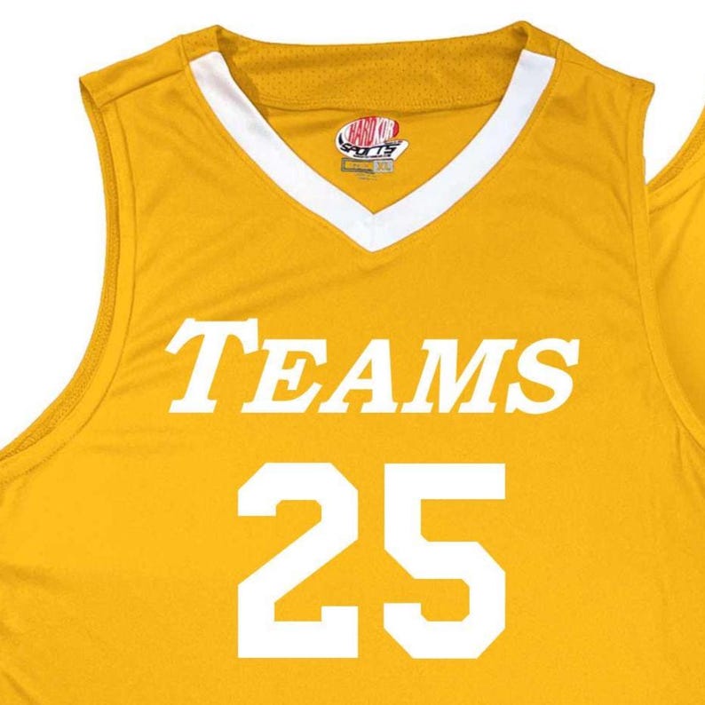 gold and white basketball jersey with white heat applied vinyl lettering front print only