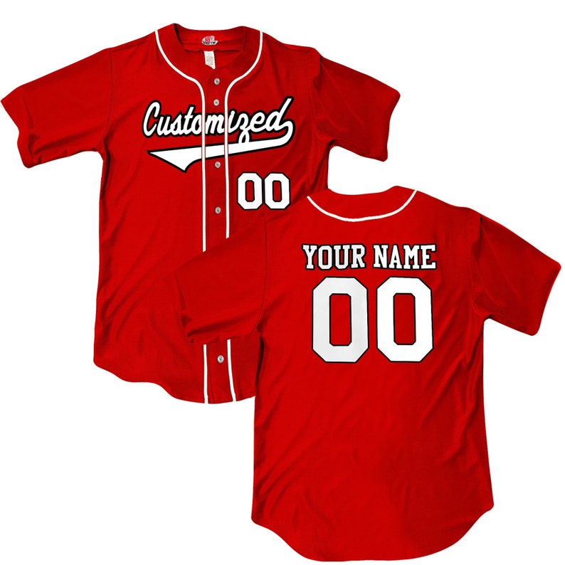 Wedge 2 color print Scarlet Red Full Button Baseball Jersey with white piping. Your team Customized as a professional looking full button down baseball jersey. Printed with team name, player name and numbers