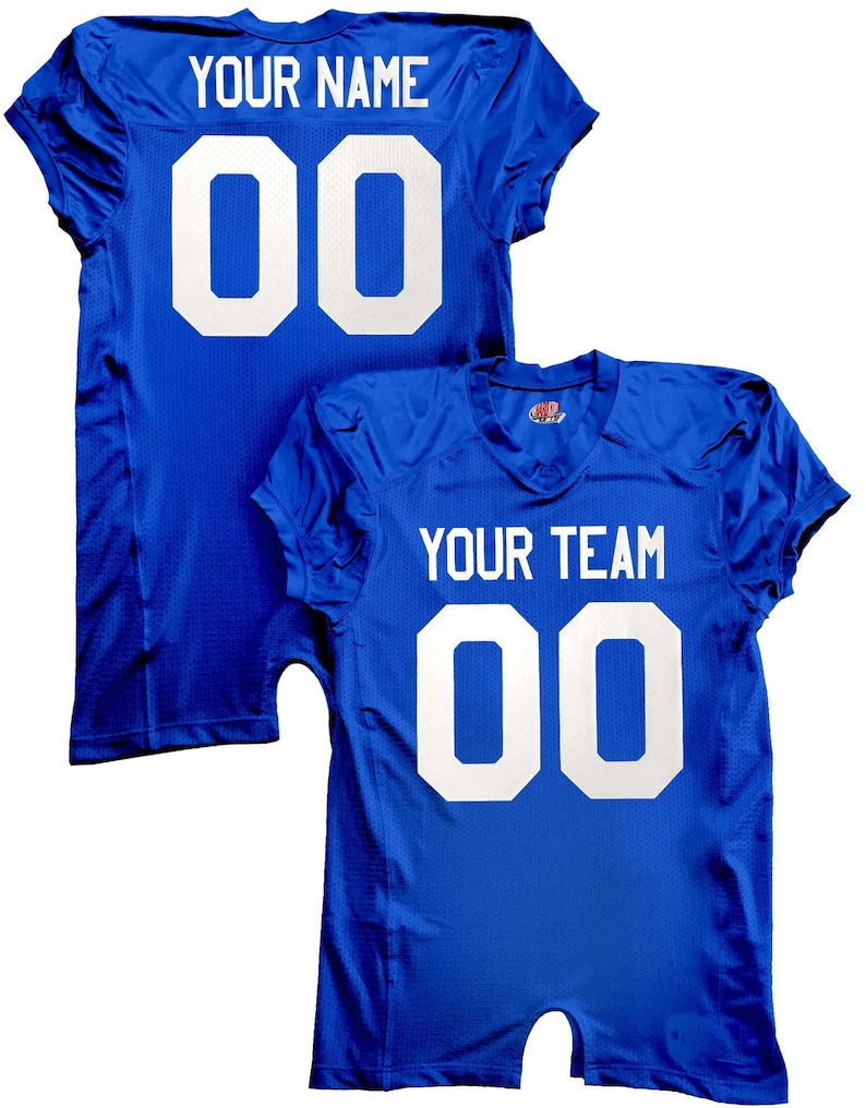 May include: A royal blue football jersey with white lettering. The back of the jersey says "YOUR NAME" and "00". The front of the jersey says "YOUR TEAM" and "00".