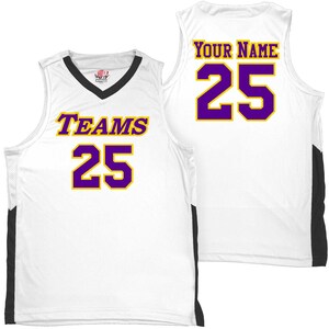white and black basketball jersey with purple heat applied vinyl lettering outlined in athletic gold
