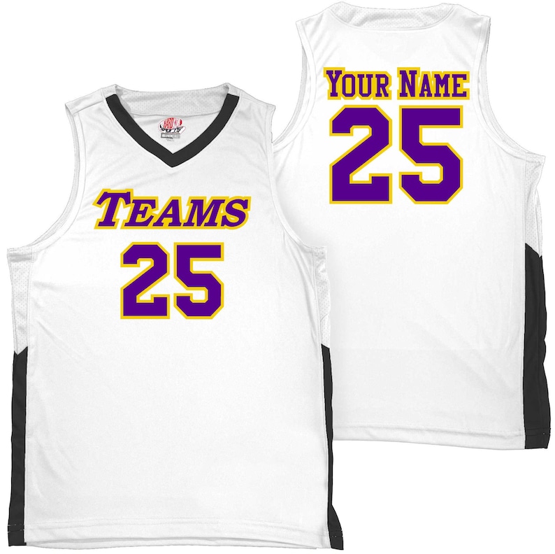 white and black basketball jersey with purple heat applied vinyl lettering outlined in athletic gold