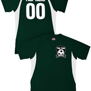 May include: Green and white soccer jersey with white trim on the sleeves and sides. The back of the jersey has a white number "00" and the text "Your Name". The front of the jersey has a white soccer logo with the text "Your Team Soccer".