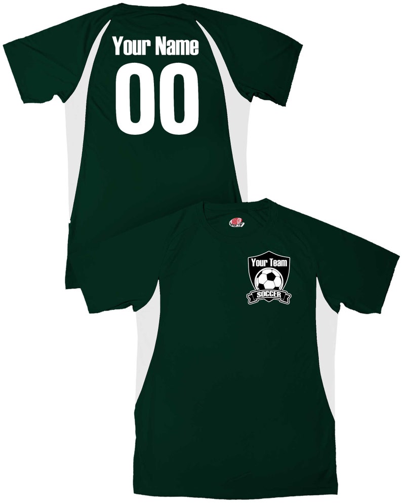 May include: Green and white soccer jersey with white trim on the sleeves and sides. The back of the jersey has a white number "00" and the text "Your Name". The front of the jersey has a white soccer logo with the text "Your Team Soccer".