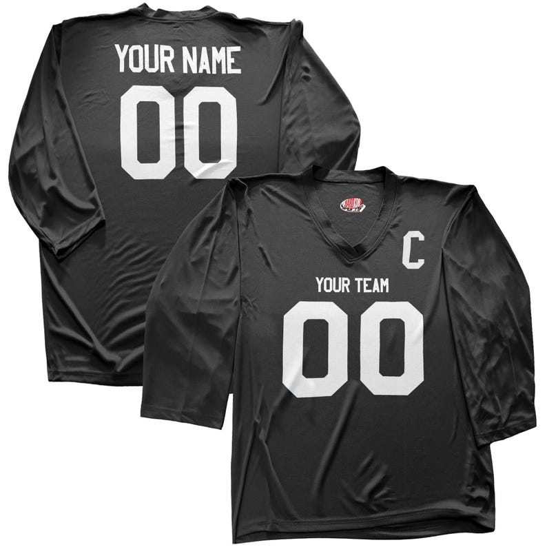 Camiseta de hockey personalizada con nombre y número para jóvenes y adultos. Regalo ideal. Impresión económica en vinilo. Black Full Print